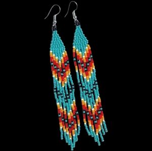 Long 5 Inch Turquoise Aqua Blue Red Beaded Fringe Earrings Seed Bead Tassel